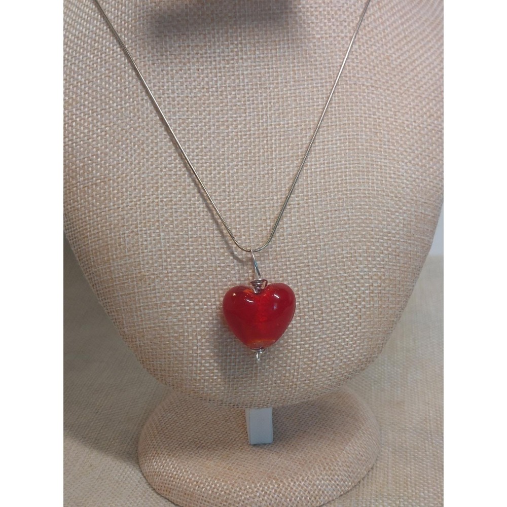 Vintage Murano Red Glass Heart Pendant Necklace Sterling Silver 925 Italy